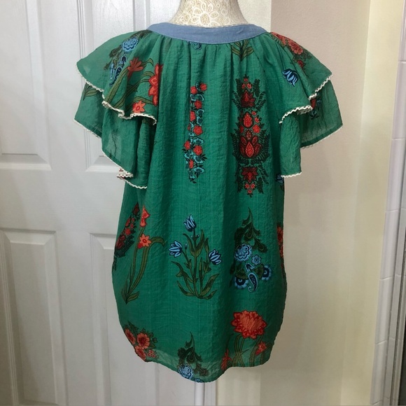THML Green and Red Floral 
V-Neck Top with Flutter Sleeves, Ruffles & Tassels - Picture 3 of 4